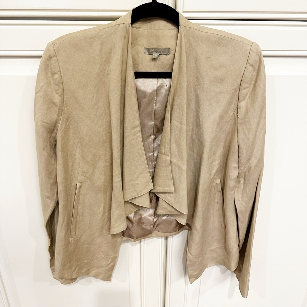 Joan Vass Women’s Tan‎ Linen Blend Open Drape Front Blazer Jacket Lightweight 10